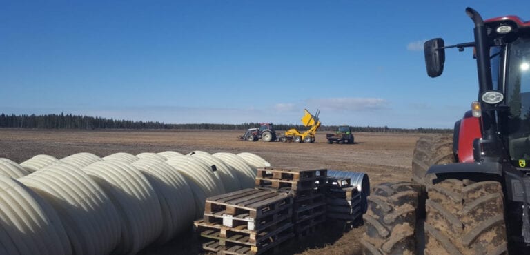 Kuvassa pellolta kerätään kiviä koneellisesti. Kivien kerääminen kannattaa teettää urakoitsijalla koneellisesti jos siihen on mahdollisuus.